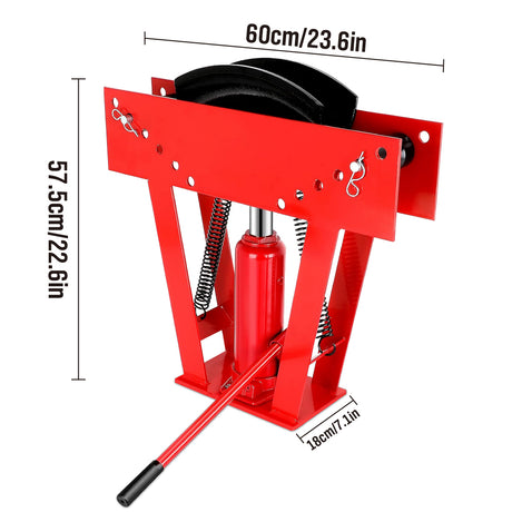 red hydraulic pipe bender with 8 bending dies for 1/2 inch to 3 inch pipes and adjustable roller frame