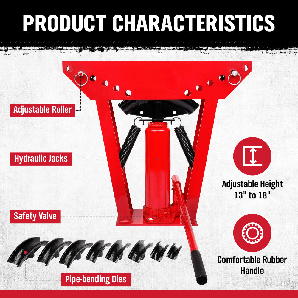 red hydraulic pipe bender with 8 bending dies for 1/2 inch to 3 inch pipes and adjustable roller frame