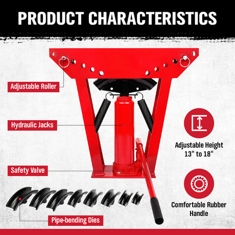 red hydraulic pipe bender with 8 bending dies for 1/2 inch to 3 inch pipes and adjustable roller frame