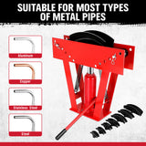 red hydraulic pipe bender with 8 bending dies for 1/2 inch to 3 inch pipes and adjustable roller frame