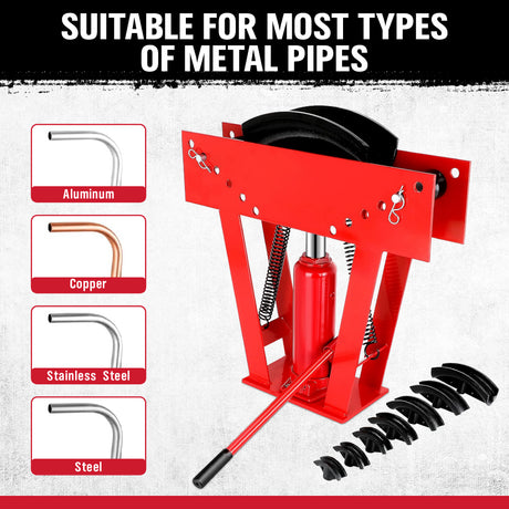 red hydraulic pipe bender with 8 bending dies for 1/2 inch to 3 inch pipes and adjustable roller frame
