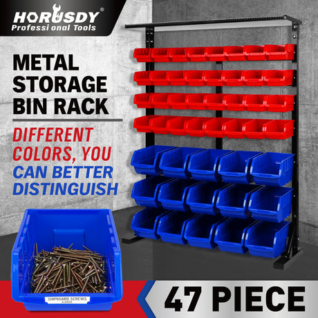 metal storage bin rack with red and blue bins and top tray for garage workshop parts organization