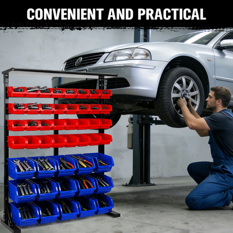 metal storage bin rack with red and blue bins and top tray for garage workshop parts organization