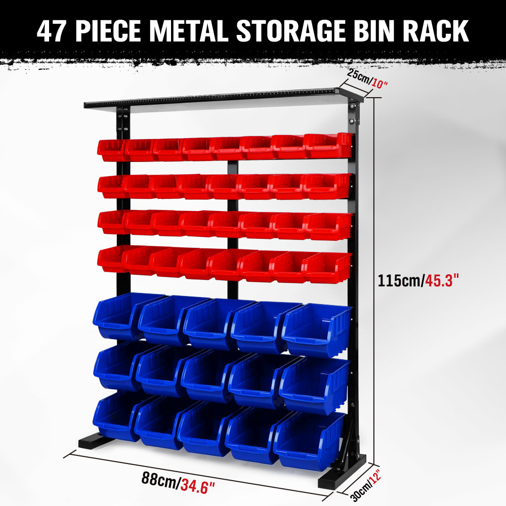 metal storage bin rack with red and blue bins and top tray for garage workshop parts organization