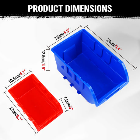 metal storage bin rack with red and blue bins and top tray for garage workshop parts organization