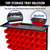 metal storage bin rack with red and blue bins and top tray for garage workshop parts organization