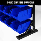 metal storage bin rack with red and blue bins and top tray for garage workshop parts organization