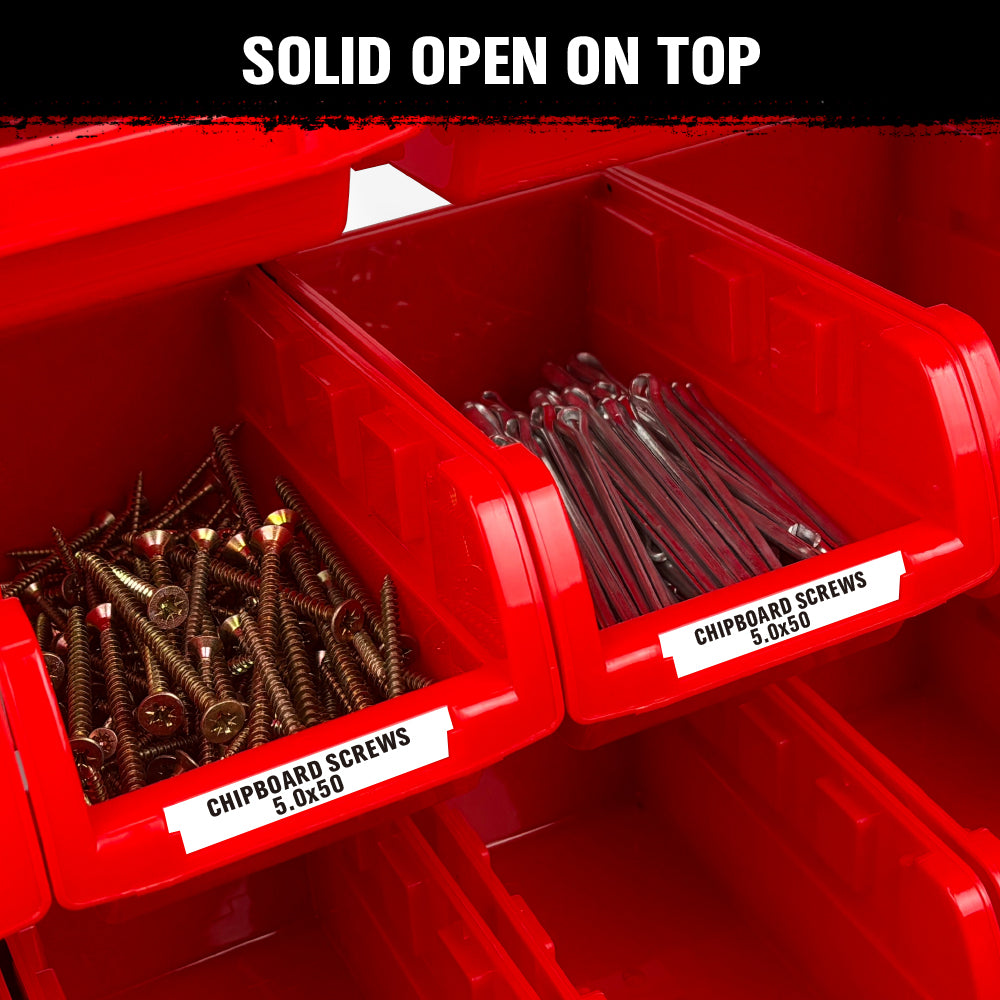 metal storage bin rack with red and blue bins and top tray for garage workshop parts organization