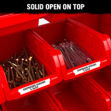 metal storage bin rack with red and blue bins and top tray for garage workshop parts organization