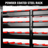 metal storage bin rack with red and blue bins and top tray for garage workshop parts organization