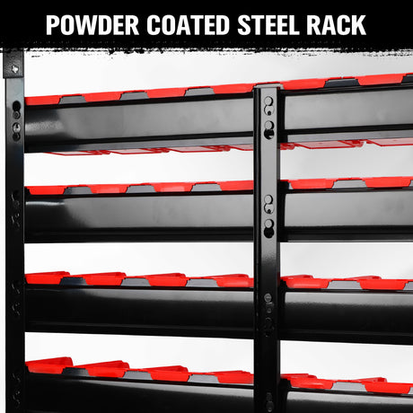 metal storage bin rack with red and blue bins and top tray for garage workshop parts organization