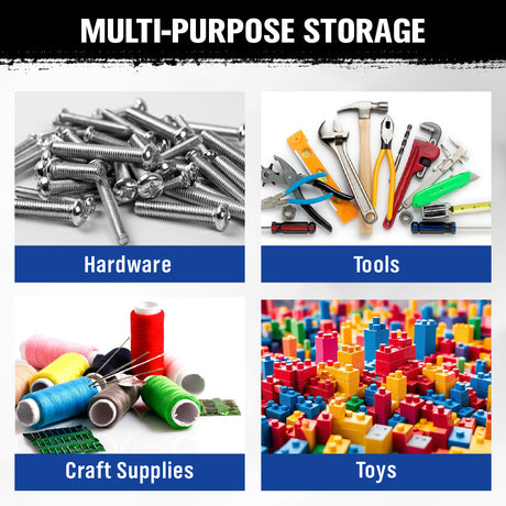 metal storage bin rack with red and blue bins and top tray for garage workshop parts organization