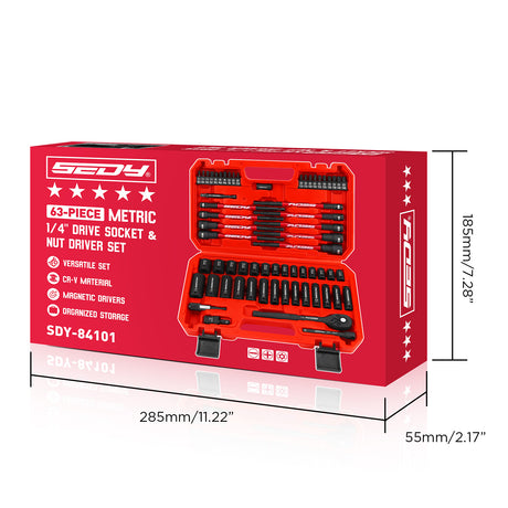 SEDY 63-piece 1/4 inch drive socket and nut driver set with magnetic bits and CR-V steel ratchet for automotive and DIY repair