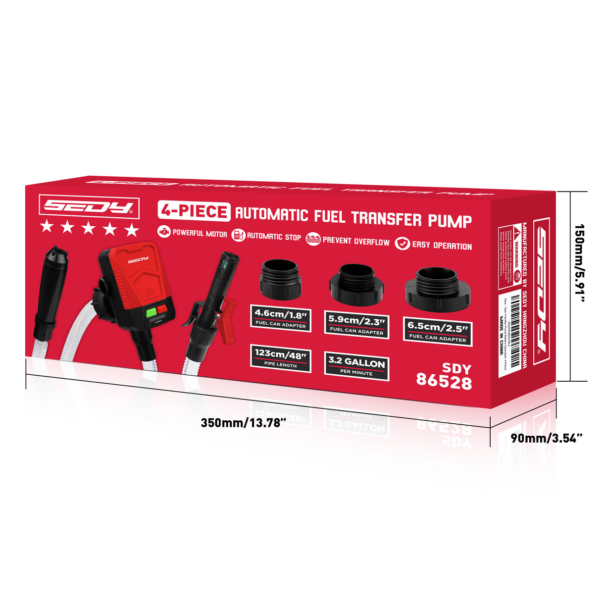 automatic fuel transfer pump with auto-stop nozzle, 48-inch flexible hose and three gas can adapters for gasoline, diesel and kerosene transfer
