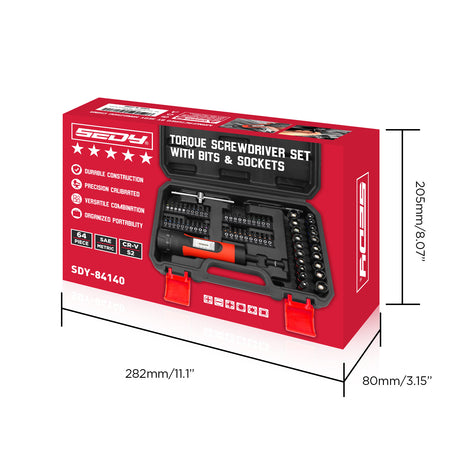 64-piece torque screwdriver set with 10-70 in-lb adjustable torque driver, 1/4 inch S2 bits, magnetic nut drivers, ratchet wrench and storage case for automotive, electronics and repair work