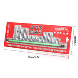 SEDY 12-piece metric socket set with magnetic green organizer rail, including deep and shallow CR-V sockets and 2 extension bars for automotive repair