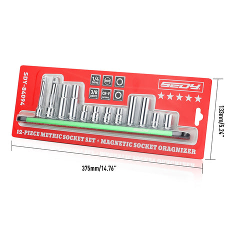 SEDY 12-piece metric socket set with magnetic green organizer rail, including deep and shallow CR-V sockets and 2 extension bars for automotive repair