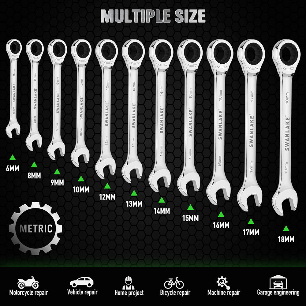 12-piece metric ratcheting combination wrench set with 72-tooth box end and magnetic storage holder