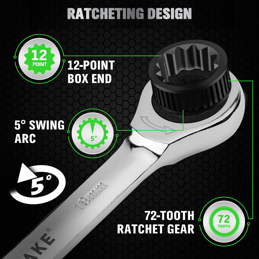 12-piece metric ratcheting combination wrench set with 72-tooth box end and magnetic storage holder