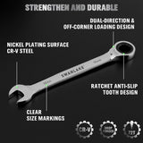 12-piece metric ratcheting combination wrench set with 72-tooth box end and magnetic storage holder