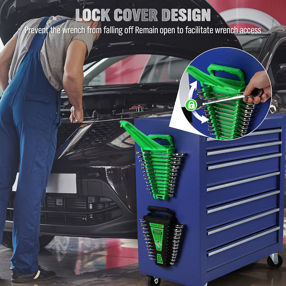12-piece metric ratcheting combination wrench set with 72-tooth box end and magnetic storage holder