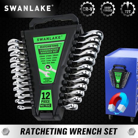12-piece metric ratcheting combination wrench set with 72-tooth box end and magnetic storage holder