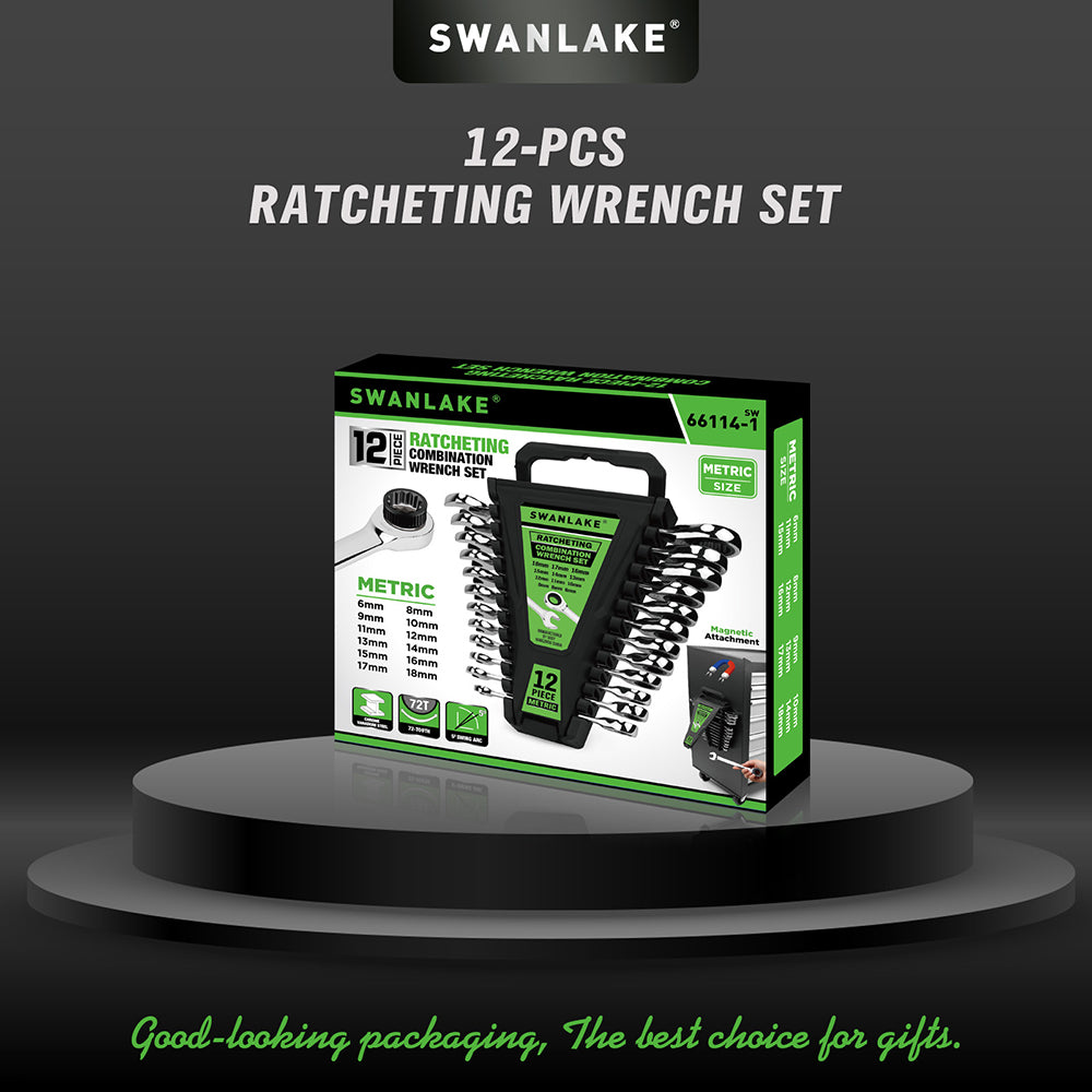 12-piece metric ratcheting combination wrench set with 72-tooth box end and magnetic storage holder