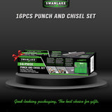 16-piece punch and chisel set with pin punches, taper punches, center punches, CR-V cold chisels, chisel gauge and canvas roll pouch
