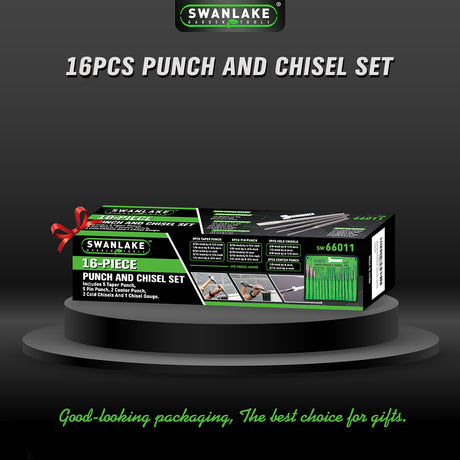 16-piece punch and chisel set with pin punches, taper punches, center punches, CR-V cold chisels, chisel gauge and canvas roll pouch