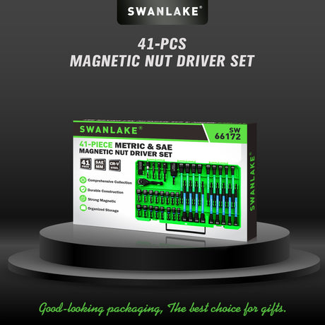 41-piece magnetic nut driver set with SAE and metric nut setters, 1/4 inch dual ratchet handle, universal socket, wing nut driver, bit holder and socket adapters