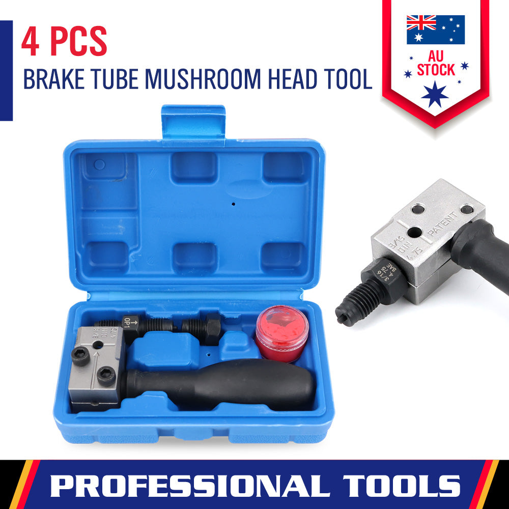 4-piece brake tube flaring tool kit with dual head design for 3/16" SAE and 4.75mm DIN bubble and double flares, in blue storage case