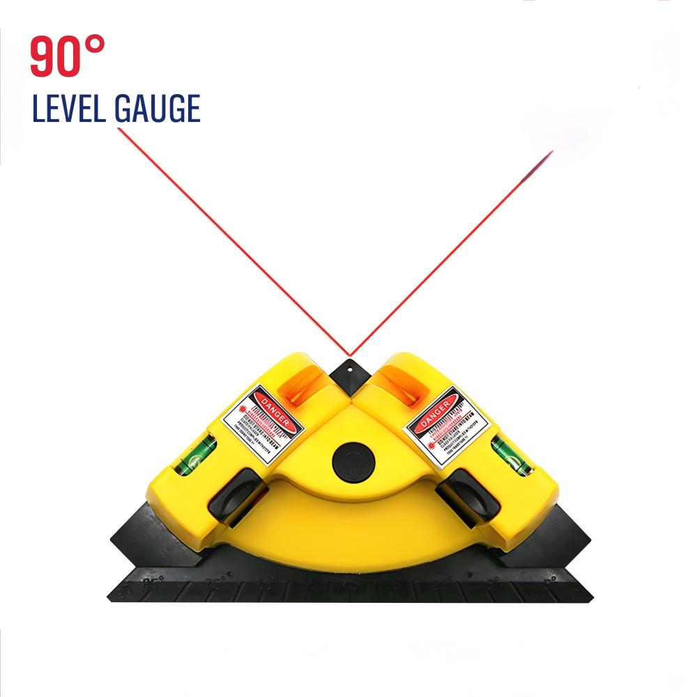 90 degree right angle laser level gauge with red laser square lines, built-in bubble levels, ruler edge and compact triangular body for tile, flooring, wall and interior construction layout