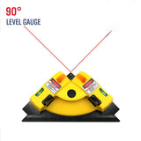 90 degree right angle laser level gauge with red laser square lines, built-in bubble levels, ruler edge and compact triangular body for tile, flooring, wall and interior construction layout