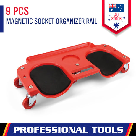 Rolling magnetic creeper seat with cushioned pads, tool organizer tray, and 360° swivel wheels for comfortable garage and workshop use.