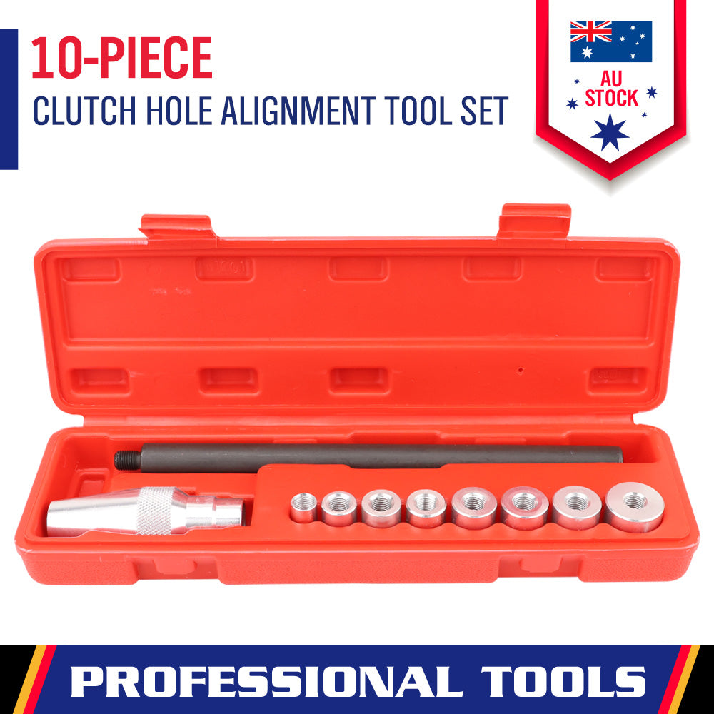 10-piece clutch alignment tool set for cars, includes metal adaptors and alignment shaft in red storage case for mechanics and workshops