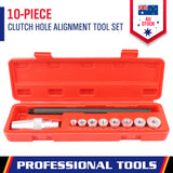 10-piece clutch alignment tool set for cars, includes metal adaptors and alignment shaft in red storage case for mechanics and workshops