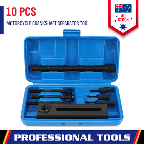 10-piece motorcycle crankshaft separator and splitter tool kit for engine repair, includes bolts and plate in blue blow-moulded case