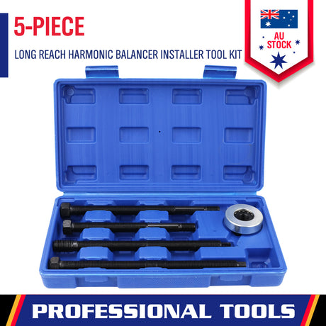 5-piece harmonic balancer installer tool kit with long bolts and bearing, fits Ford and Dodge engines, includes blue blow-moulded storage case