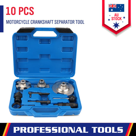 10-piece motorcycle crankshaft puller and separator tool kit for engine repair, includes adaptors and removal tools in blue carry case