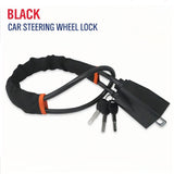 car steering wheel lock anti-theft device with flexible locking cable, covered steering wheel loop, keyed lock body and multiple color options including black, orange, blackish orange and red