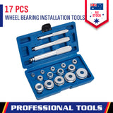 SEDY 17-piece wheel bearing installation tool kit with aluminum driver handles and multi-size bearing discs in blue storage case for car repair