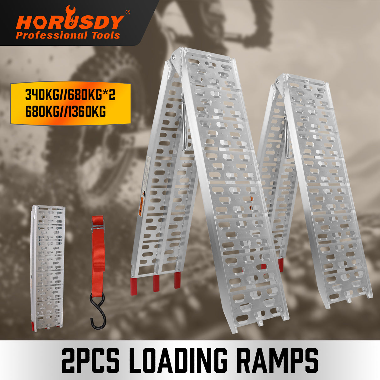 Aluminium 2.3M 1360KG folding loading ramps for motorcycles, ATVs, and equipment, featuring reinforced centre beam and non-slip red tips.