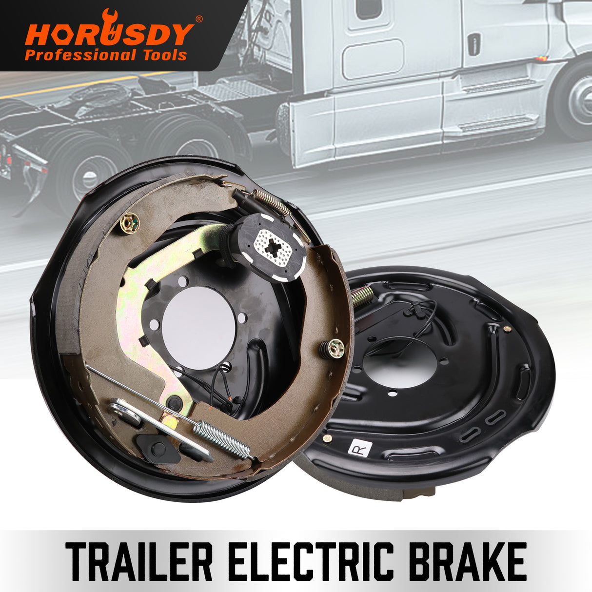 2-piece 12 inch trailer electric brake assembly with backing plate, brake shoes, electro-magnet, hand brake lever, adjuster screw and mounting holes