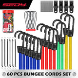 60-piece heavy duty bungee cord set with elastic cords, steel hooks, tarp clips, ball bungees and nylon cable ties for camping, tarps and car covers