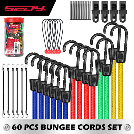60-piece heavy duty bungee cord set with elastic cords, steel hooks, tarp clips, ball bungees and nylon cable ties for camping, tarps and car covers