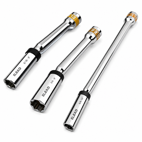 3/8 inch drive magnetic spark plug socket set with 5/8 inch and 9/16 inch sizes, 6 inch and 12 inch swivel extension sockets, thin wall 6-point design, CR-V steel construction and mirror polished finish for automotive engine repair
