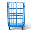 Blue heavy duty double-door logistics trolley cage with lockable swivel rubber wheels for warehouse storage and transport