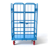Blue heavy duty double-door logistics trolley cage with lockable swivel rubber wheels for warehouse storage and transport