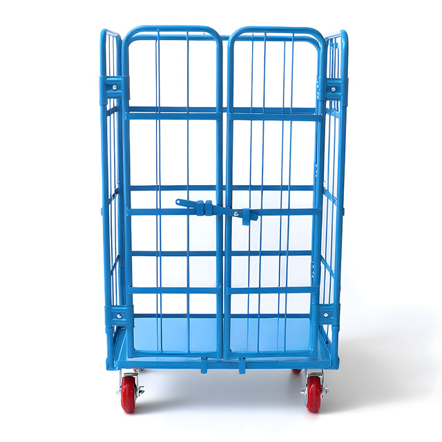 Blue heavy duty double-door logistics trolley cage with lockable swivel rubber wheels for warehouse storage and transport