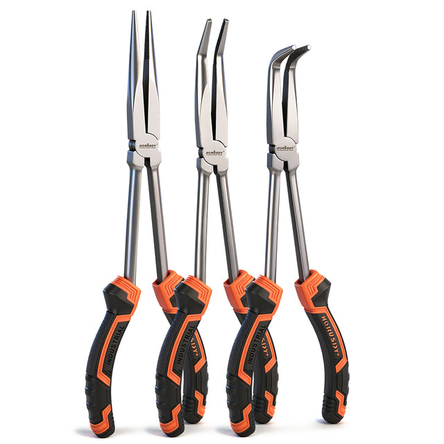 HORUSDY 3 piece 11 inch long reach pliers set including straight 0 degree 45 degree and 90 degree bent nose pliers with TPR handle